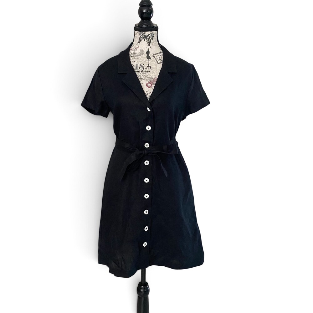 Quince Linen Shirt Dress Womens Small Black Short Sleeve Button Front Belted